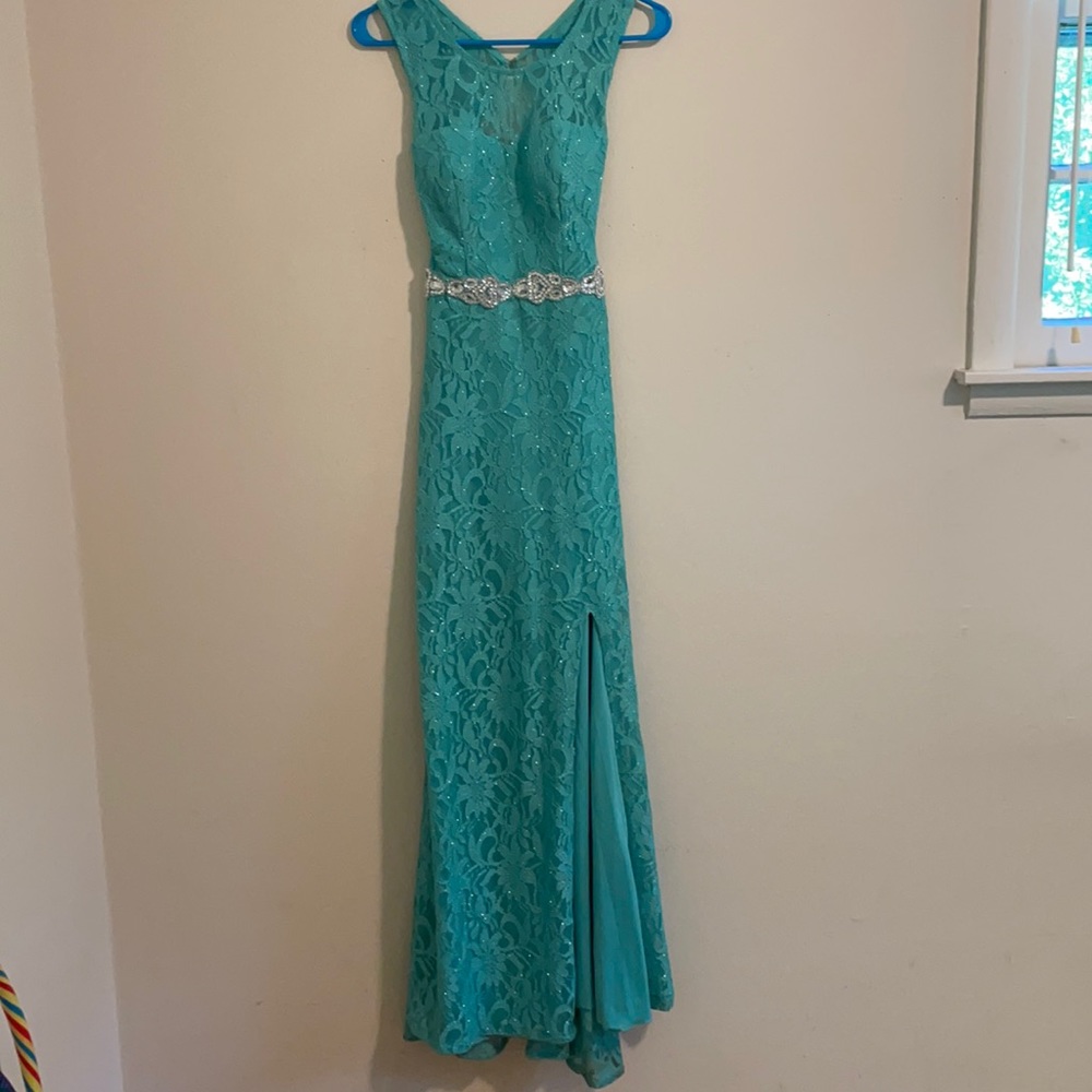 Teal high neck lace tight fitted prom dress